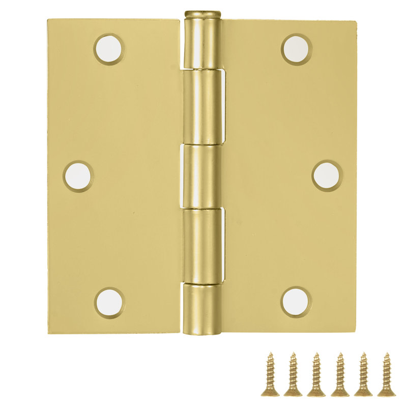 Charnière de porte, 3,5 po, rayon de coin carré, paquet de 6, Laiton satiné
