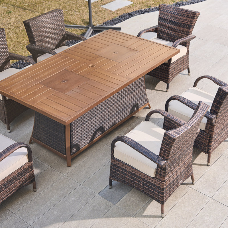 Moda 70 In. X 39 In. X 27 In. Rectangular Wicker Outdoor Gas Fire Pits Table With 6-Chairs, Brown