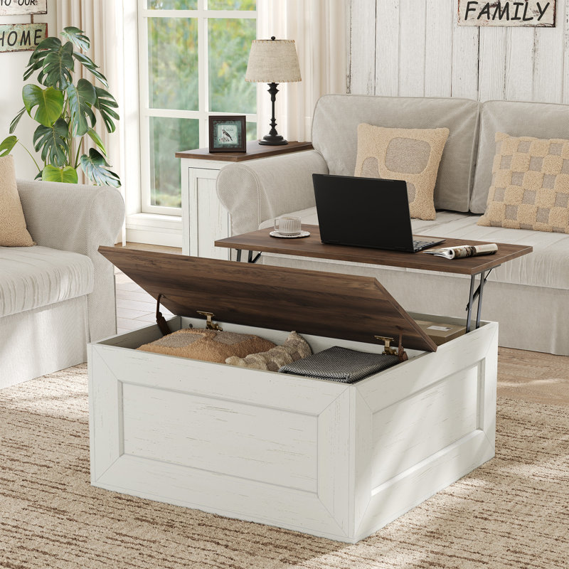 Jareal Coffee Table, 30.9" Square Farmhouse Wood Lift Top Storage Coffee Table, Square Coffee Table For Living Room, White