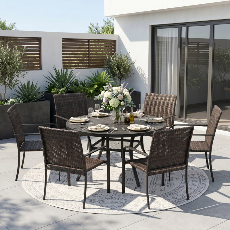 6-Person Round Patio Dining Set With PE Wicker Chairs, Black