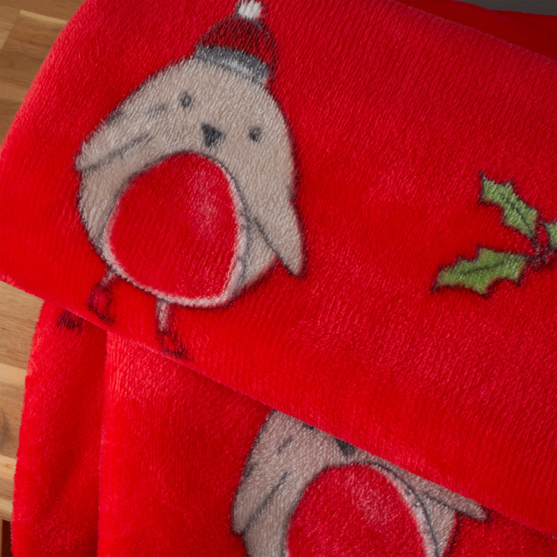 Christmas Robins Cosy 130x170cm Blanket Throw Red