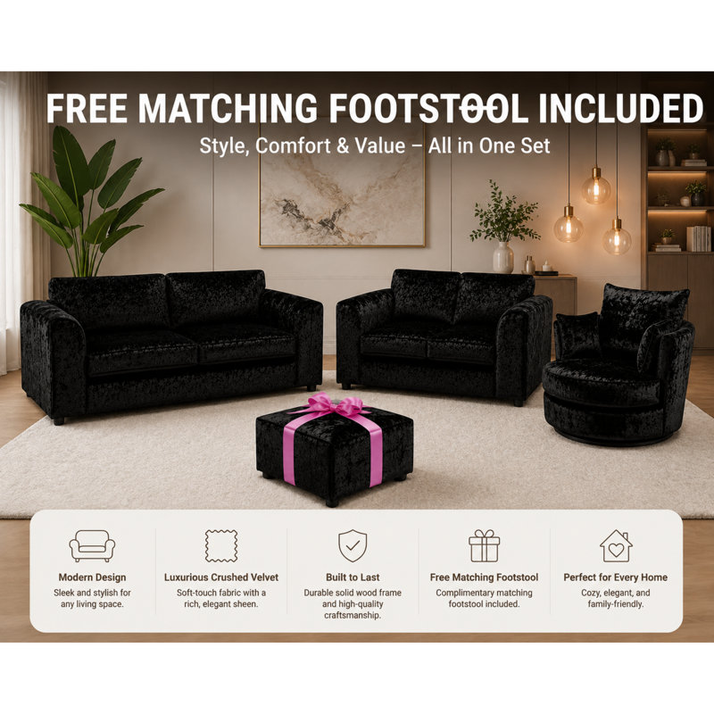 4 Piece Velvet Standard Living Room Set, Black