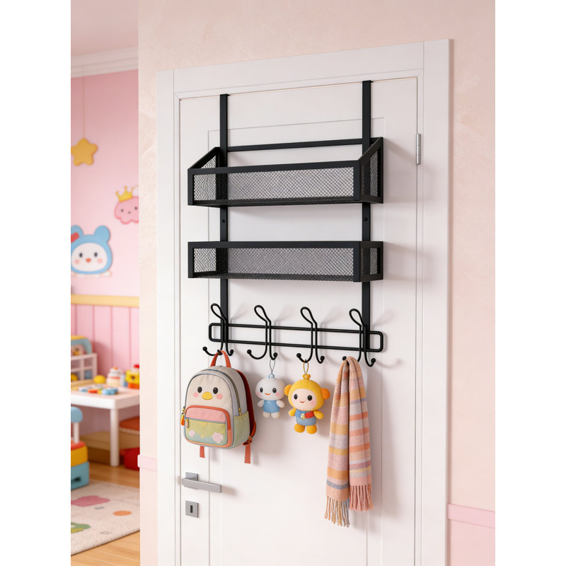 Rangement au-dessus de la porte avec 12 crochets et 2 paniers en filet - Cintre de rangement robuste pour la salle de bain, la chambre à coucher, la cuisine et le bureau