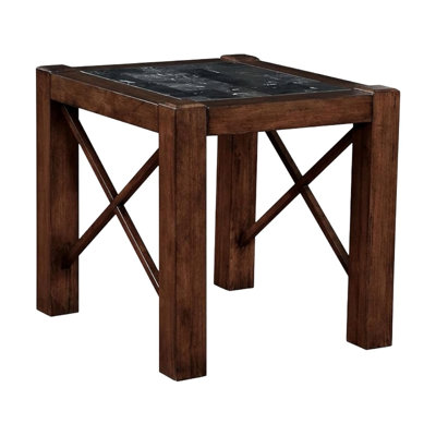 Faustine 26 In. Brown Cherry Rectangular Marble Top End Table With X-Base