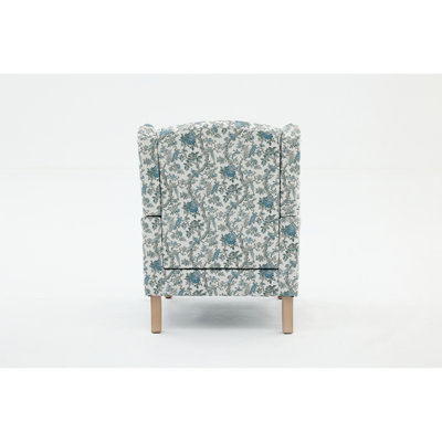 Modern Accent Chair with Retro Wood Legs, Comfy Upholstered Armchair, Floral Design Single Sofa for Living Room - Blue Bird