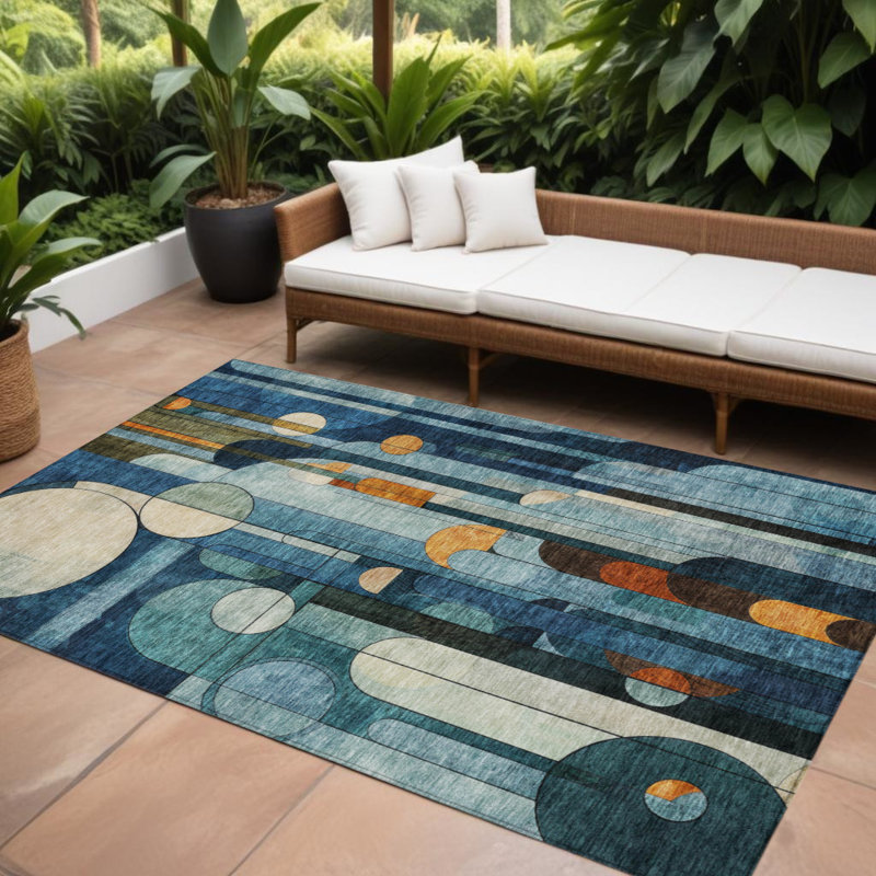 Tapis intérieur / extérieur ivoire et cuivré bleu 8 pi x 10 pi