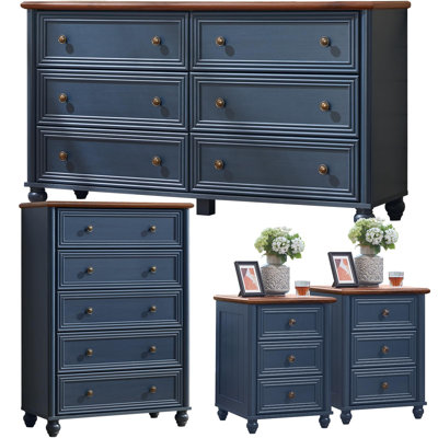 Farmhouse 4-Piece Bedroom Furniture Set with 7 Drawer Dresser, 5 Drawer Chest and Nightstands, Wood Roman Column Storage Set for Bedroom, Living Room, and Hallway
