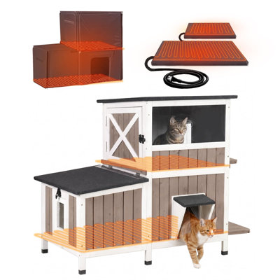 Heated Cat House for Outside, Large Outdoor Cat House Insulated 2-Tier Weatherproof Cat Shelter with Heating Pad, Insulated Liner, Spacious for 2-4 Cats