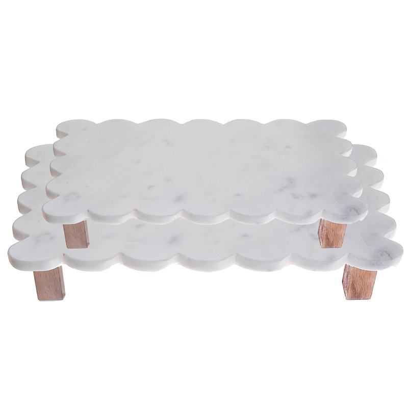 Ensemble de 2 assiettes à gâteau rectangulaires en marbre avec support en bois d'acacia