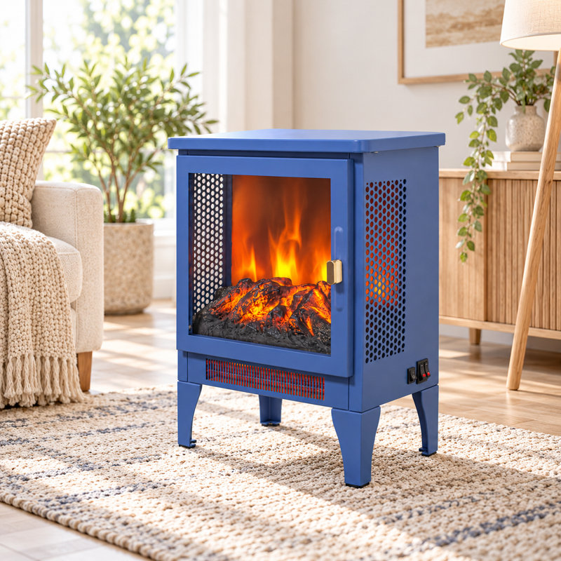 Afore 17-inch Freestanding Electric Fireplace Stove Heater Black Tempered Glass Design For Home Office Décor, Blue