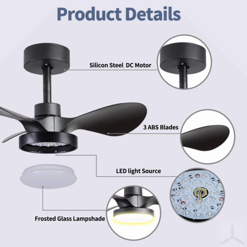 24" Small  Ceiling Fan With Light Remote Control ,Modern Low Profile Ceiling Fan, 6-Speeds Quiet Reversible DC Motor For Bedroom,Kitchen