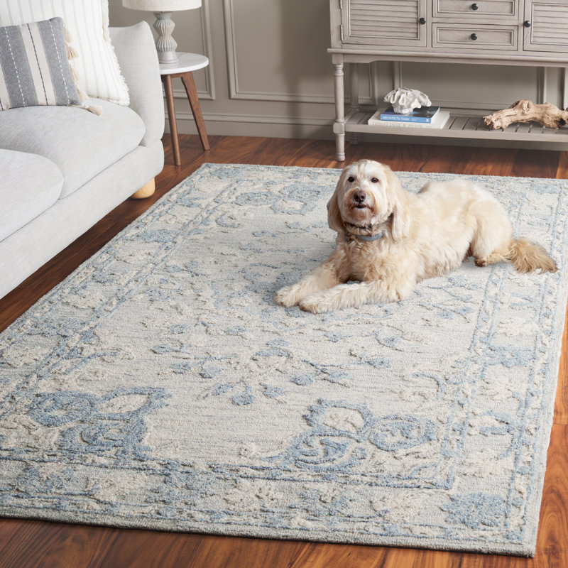 Tapis gris / bleu en laine / coton touffeté à la main Marquee 505, Rectangle 5 pi x 8 pi