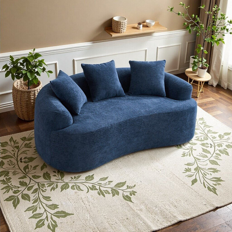 Elegant White Curved Loveseat - Cozy 2-Seater Sofa with Chenille Fabric & Plush Comfort for Small Spaces, Blue