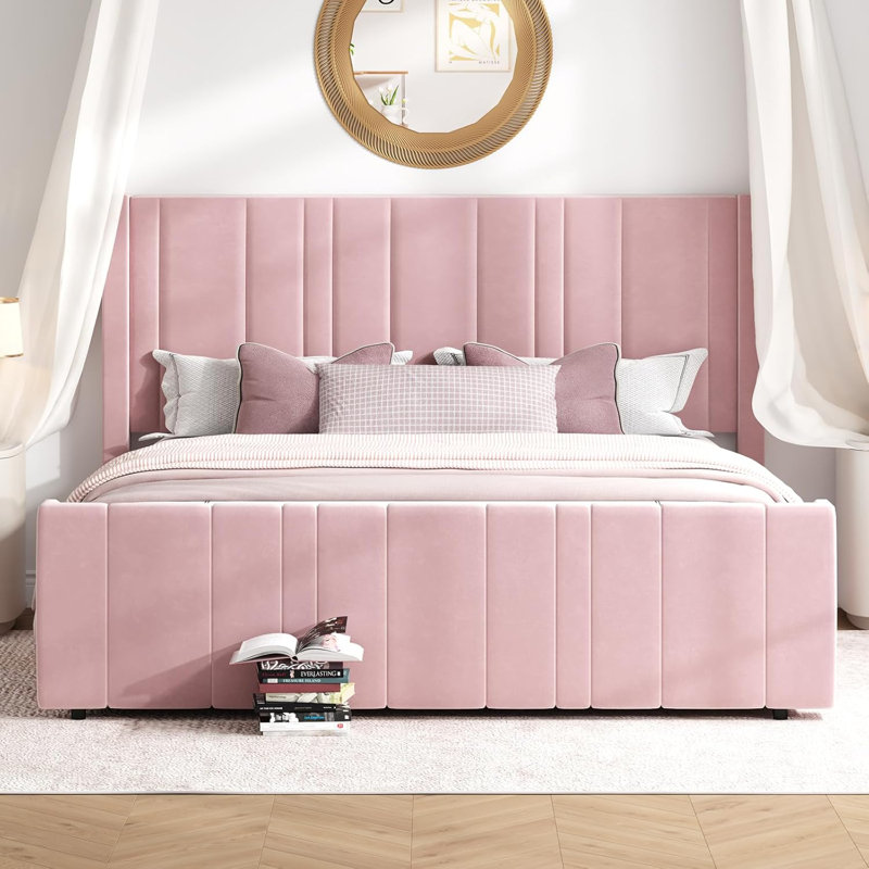 Upholstered Bed with Vertical Channel Tufted Headboard & 22" Footboard, King, Pink