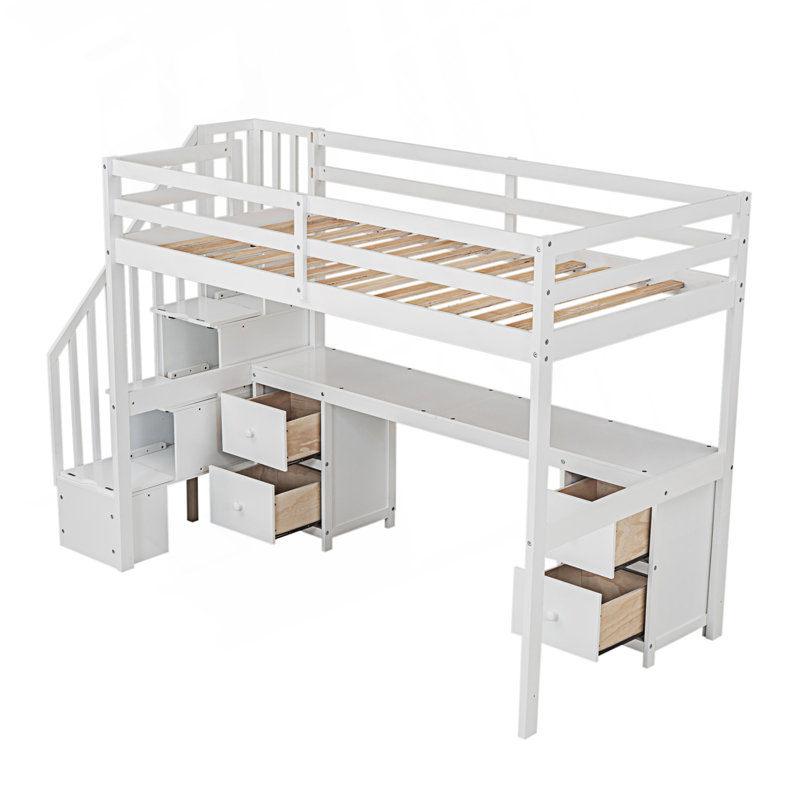 Structure de lit simple de taille mezzanine avec bureau intégré et tiroirs de rangement doubles, cadre de lit