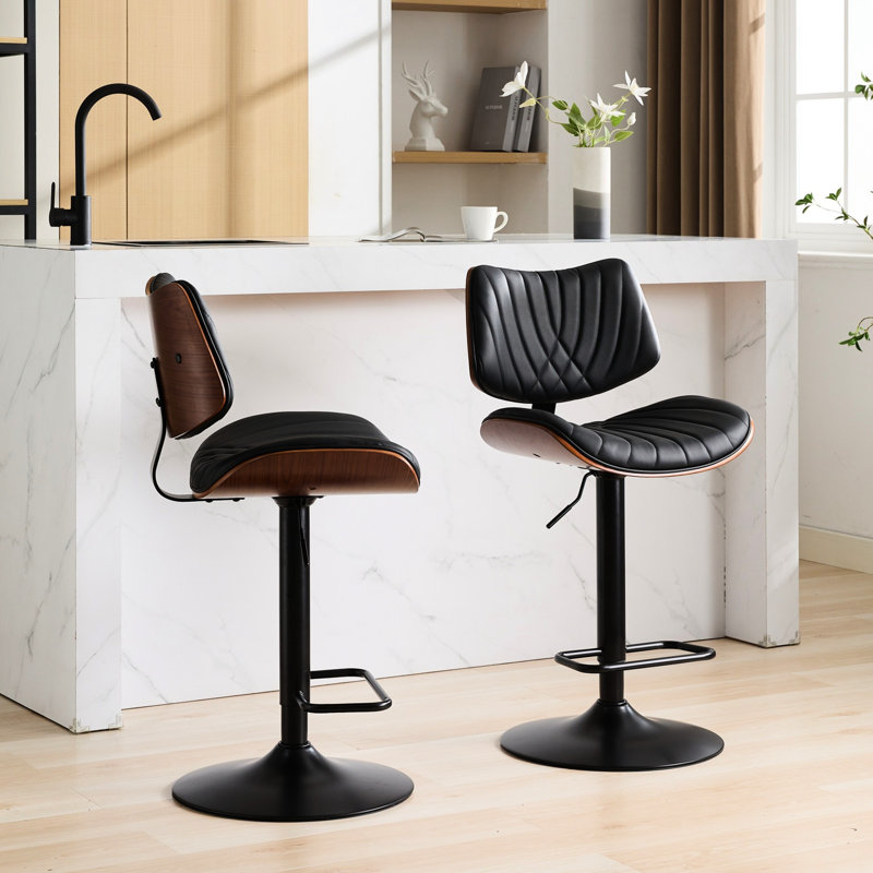 Tabouret pivotant à 360 ° de hauteur réglable en noyer, cuir noir, de 2 pour bar de salle à manger / îlot de cuisine pivotant, hauteur, îlot de cuisine / café