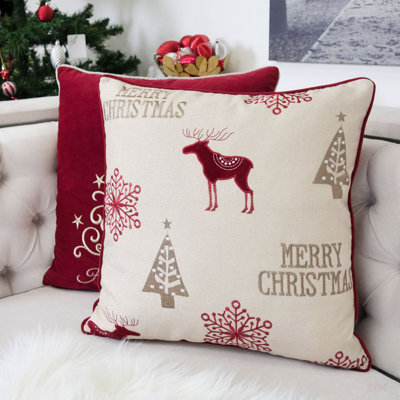 Merry Christmas Embroidered Poly Linen Throw Pillow – 20X20 Holiday Cushion With Festive Reindeer, Trees, And Snowflakes