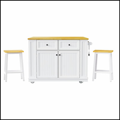 48Inch Large Kitchen Island With Storage, Bar Stools, And Power Outlet For Modern Kitchens And Dining Rooms