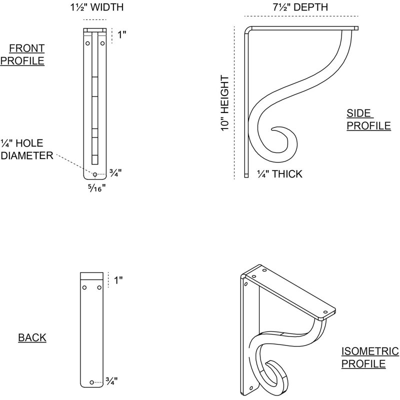 Support simple en fer forgé Ashford, H 10 po x l 1,5 po x P 7,5 po, Étain antique