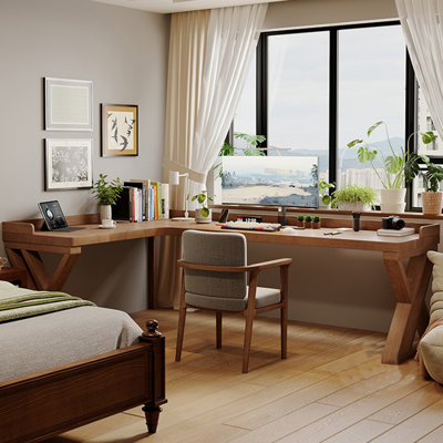 Light brown L-Shaped Solid Wood Writing desk