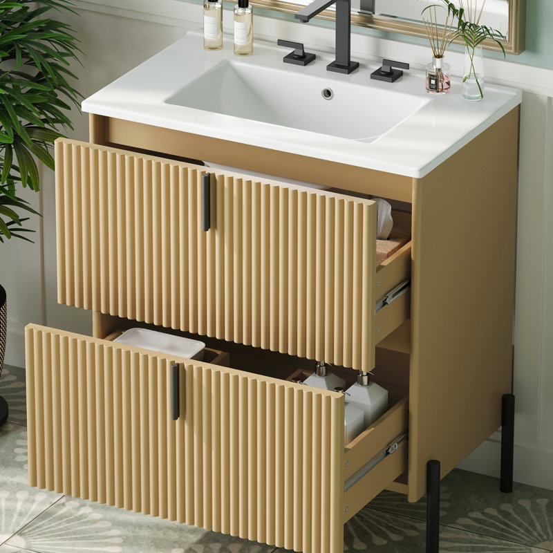 Meuble-lavabo de salle de bain 30 po avec lavabo en céramique, tiroir extensible et esthétique cannelée artisanale pour espaces de chalets modernes. Tiroirs autoportants, mécanisme à fermeture douce. Salles de bain de luxe.