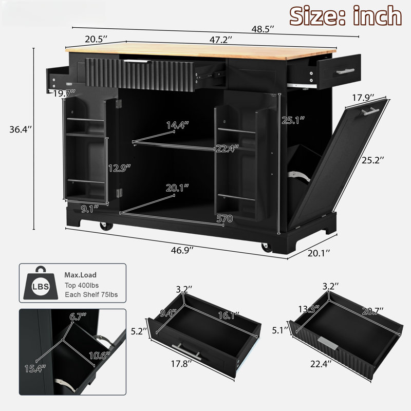 Fluted Rolling Kitchen Island With Trash Can Storage Cabinet, Power Outlet, Internal Storage Rack, 3 Drawers, 3 Open Side Racks