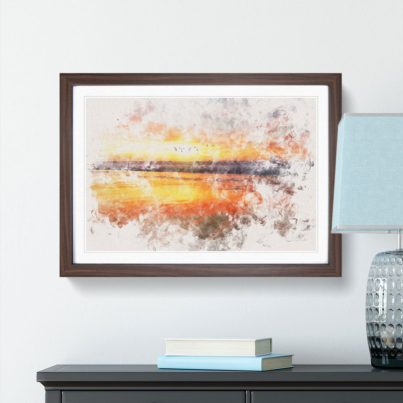 Sunset over San Diego Beach Watercolour - Picture Frame Graphic Art Print, Walnut Framed, 45cm H x 63cm W x 2cm D