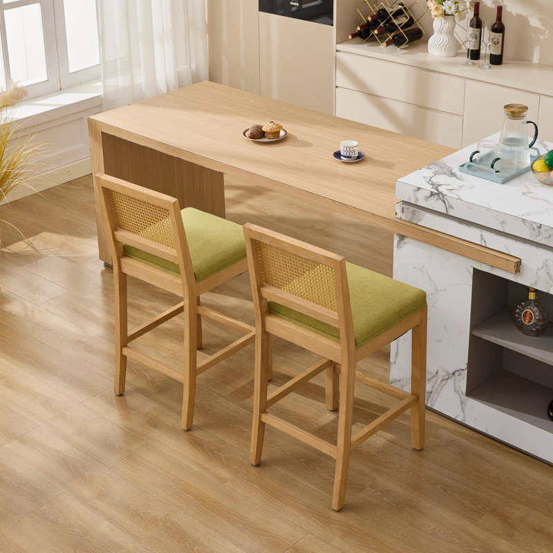 Tabouret de bar à dossier en rotin, Vert / Naturel
