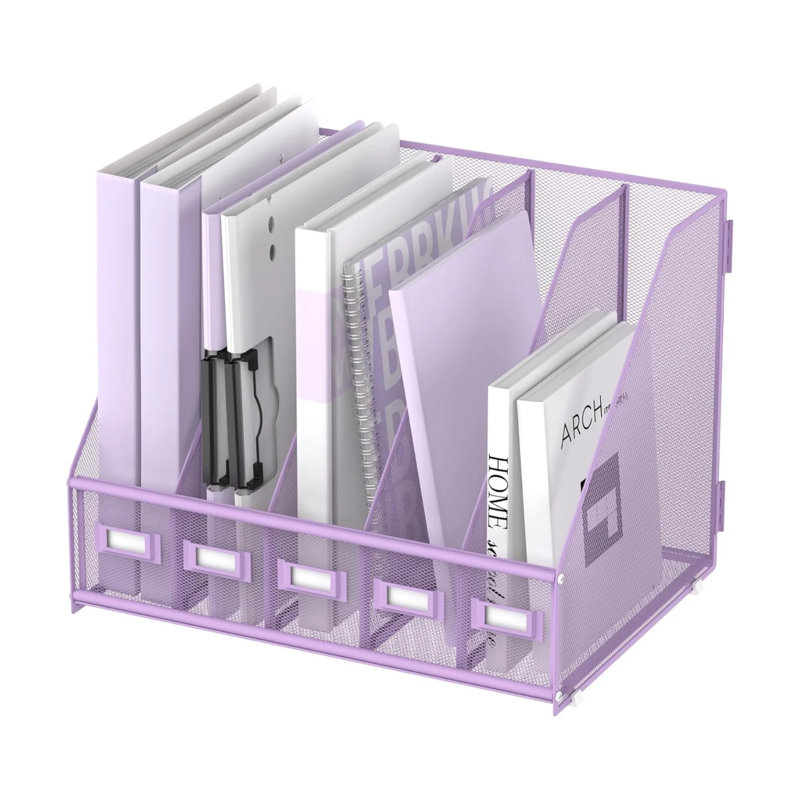 Metal Desk File Organizers With 5 Vertical Compartments For Office, Home, Purple