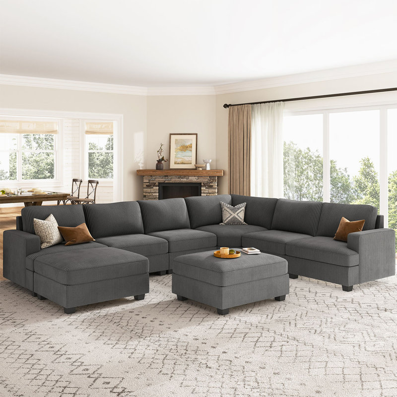 Grand canapé modulaire en U avec repose-pieds Anureet, Velours côtelé gris