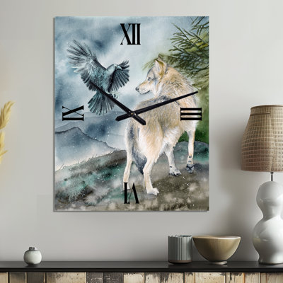 Wolf And A Raven On A Hill Under Falling Snow - Animals Metal Wall Clock