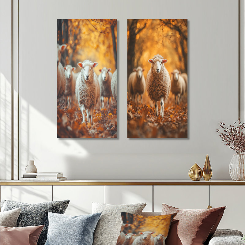 Autumn Wanderers Sheep Portrait I - animaux, art mural 2 panneaux, H 28 po x l 25 po, Toile tendue