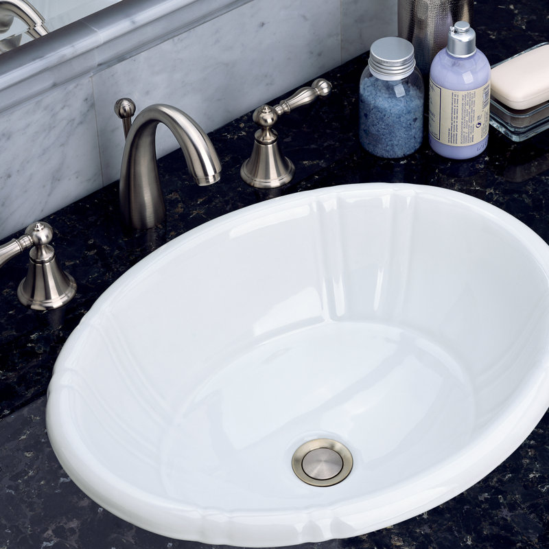 Lavabo de salle de bain ovale encastré en porcelaine vitreuse avec trop-plein Antigua, Blanc