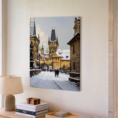 Toile hiver paysage urbain européen recouvert de neige scène de rue historique étape dans l'art mural prêt à accrocher galerie enveloppée Home Decor Decor