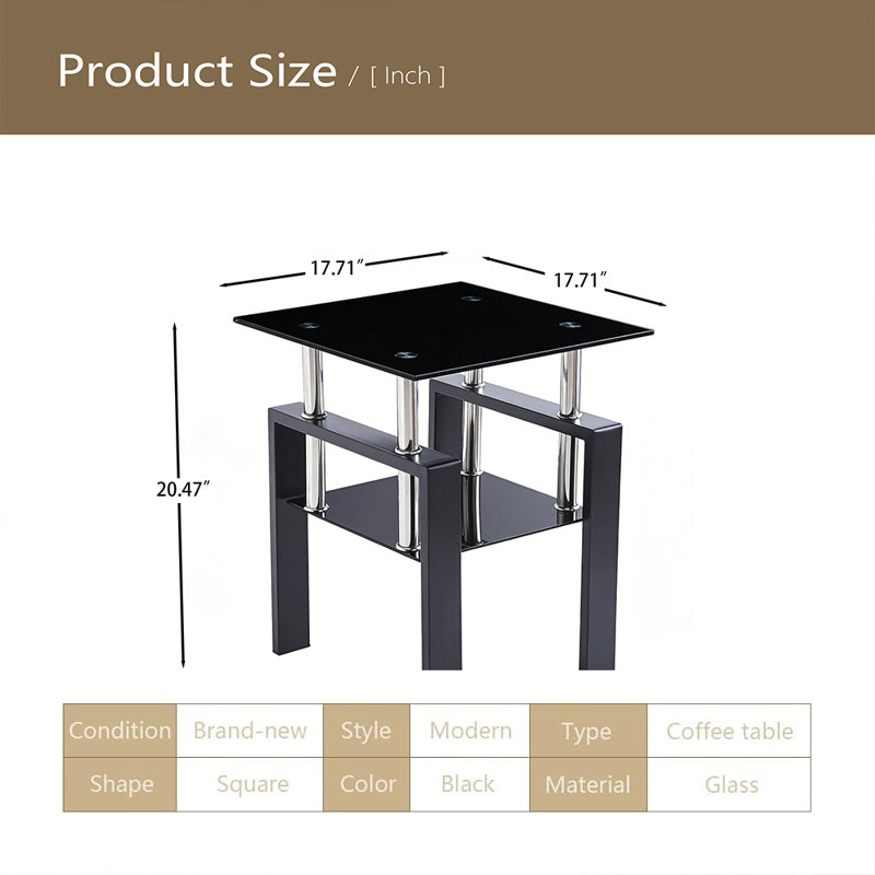 19.7" High 2-tier Square Glass Top End Table With Storage,2 Set Of  Side Table For Bedroom Living Room