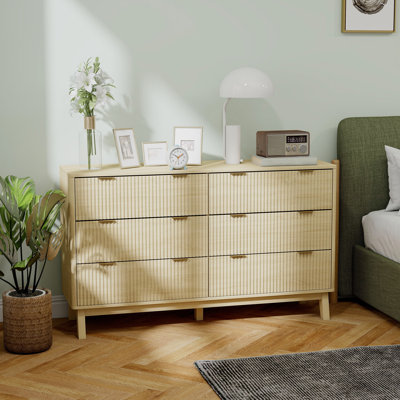 Fluted Dresser for Bedroom with 6 Drawers, 54" Wide Chest of Drawers with Gold Finger Pulls and 5 Wood Legs by Ebern Designs