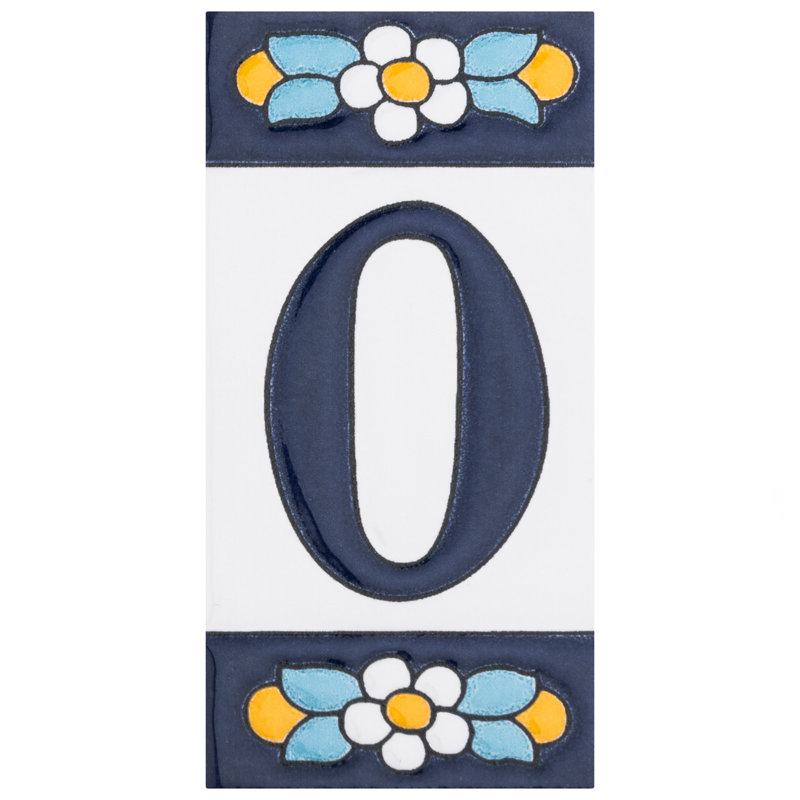 Sevillano 2.13" x 4.38" Ceramic Floral Address Number Wall Tile in White/Blue