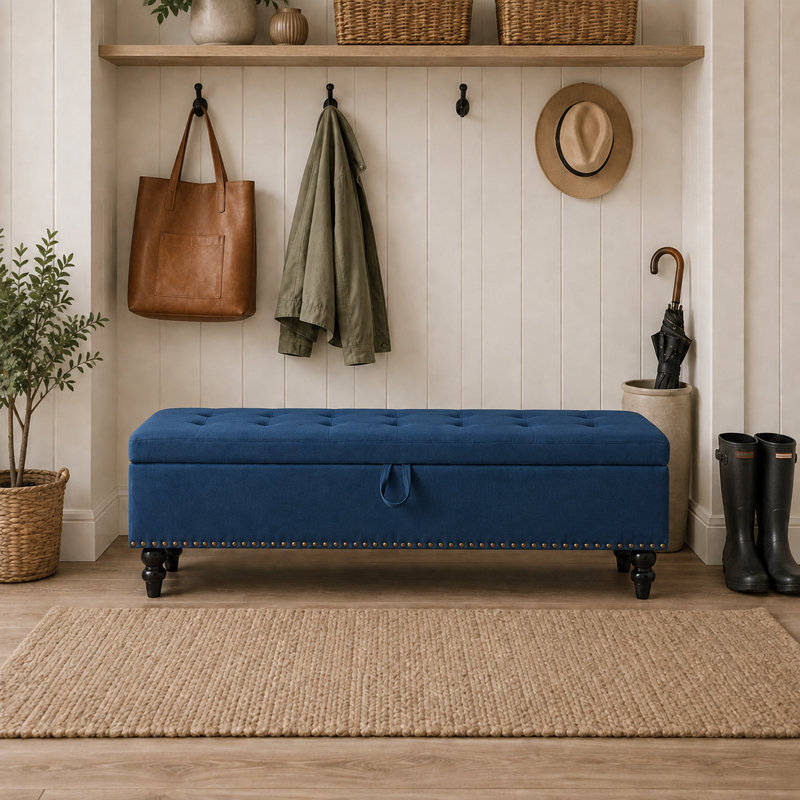Élégant banc de rangement rembourré en lin et coton avec plateau rabattable, Bleu
