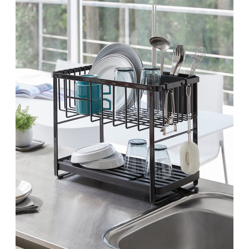 Tower Yamazaki Home Two-Tier Adjustable Dish Drainer Rack, Utensils Holder, Steel, Draining Spout, Black