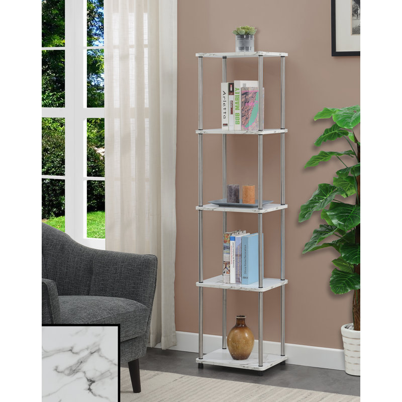 Edwin 63.25" H x 15.75" W Etagere No Tools Bookcase, White Faux Marble/Chrome