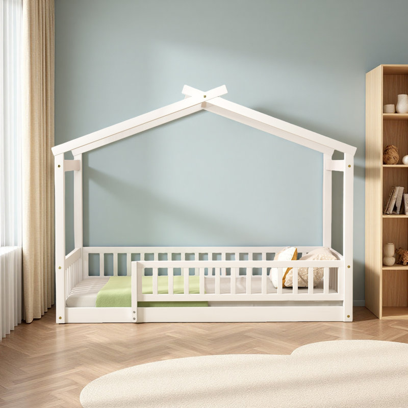 Wood Bed House Bed Frame With Fence, Twin, White