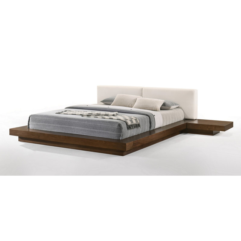 Nia Queen Size Bed, Grey Faux Leather, Walnut Brown Low Profile Platform, Brown/White