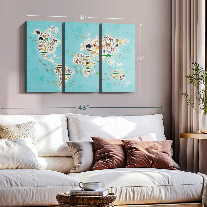 "Mignon animaux, carte du monde, art mural" sur toile, H 20 po x l 33 po x P 1,25 po