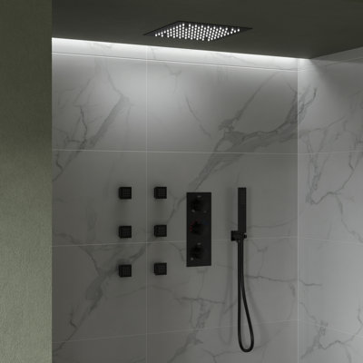 Thermostatic Rainfall Shower System, Ceiling Mount 12" LED Shower Head with Handheld Spray
