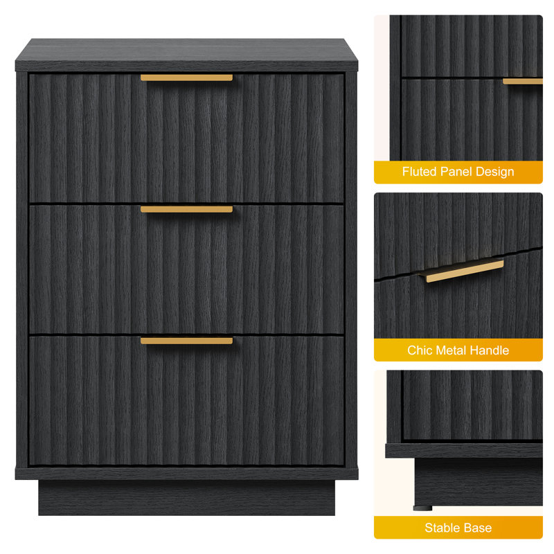 3-Drawer Low Storage Cabinet Set Of 2, Compact Modern Dresser For Bedroom, Living Room, Or Entryway, Black