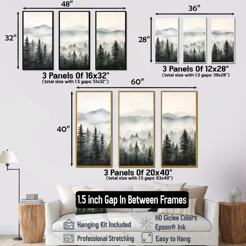 Ensemble de salon gris forêt brume matinale Horizon I - Forest Wall Art, H 32 po x l 48 po, Cadre flottant blanc