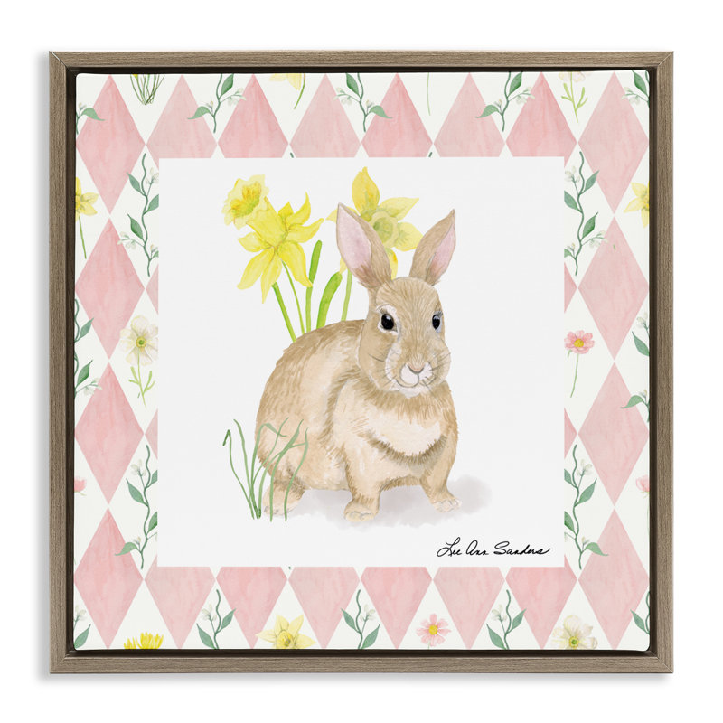 Lapin sur cadre flottant argyle rose, design par Lee Ann Sanders, H 25 po x l 25 po, Cadre flottant orme Montalcino