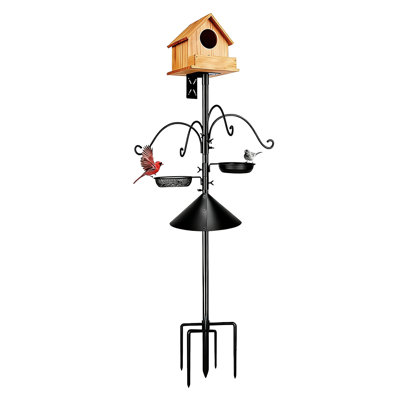 4-Hook Birdhouse Stand, Black Metal Bird Feeder Pole with Tray Bird Bath, Height Adjustable 44-92in, 25mm Diameter