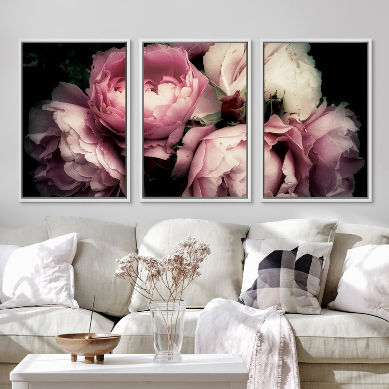 Large Framed Geometric Pink and White Peony Canvas Print Set