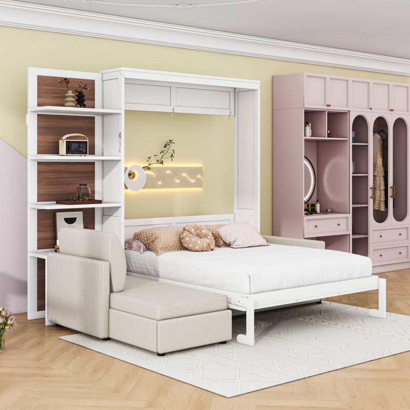 Grand lit escamotable avec canapé et tablettes, Blanc